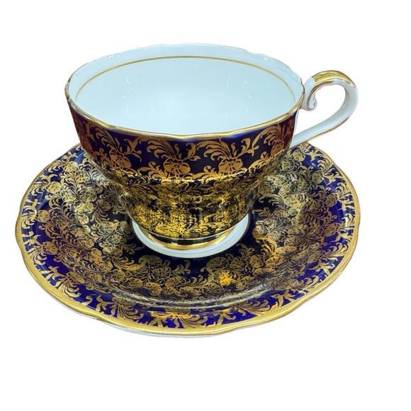 Vintage 1940s Aynsley Tea Cup & Saucer Set Cobalt Blue Gold Lace Fine Bone China - Picture 2 of 16